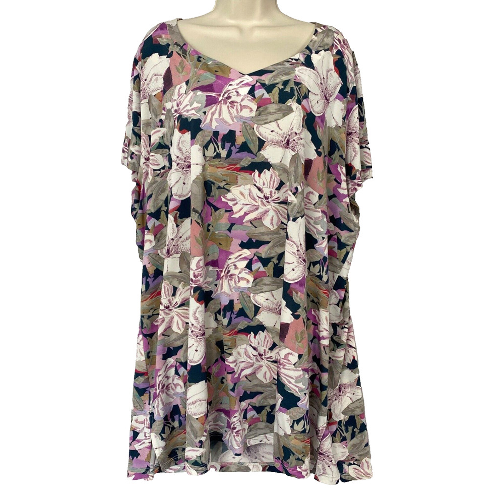 Selection by Ulla Popken Tunic Top Womens 24 26 Floral Short Sleeve Slinky Knit